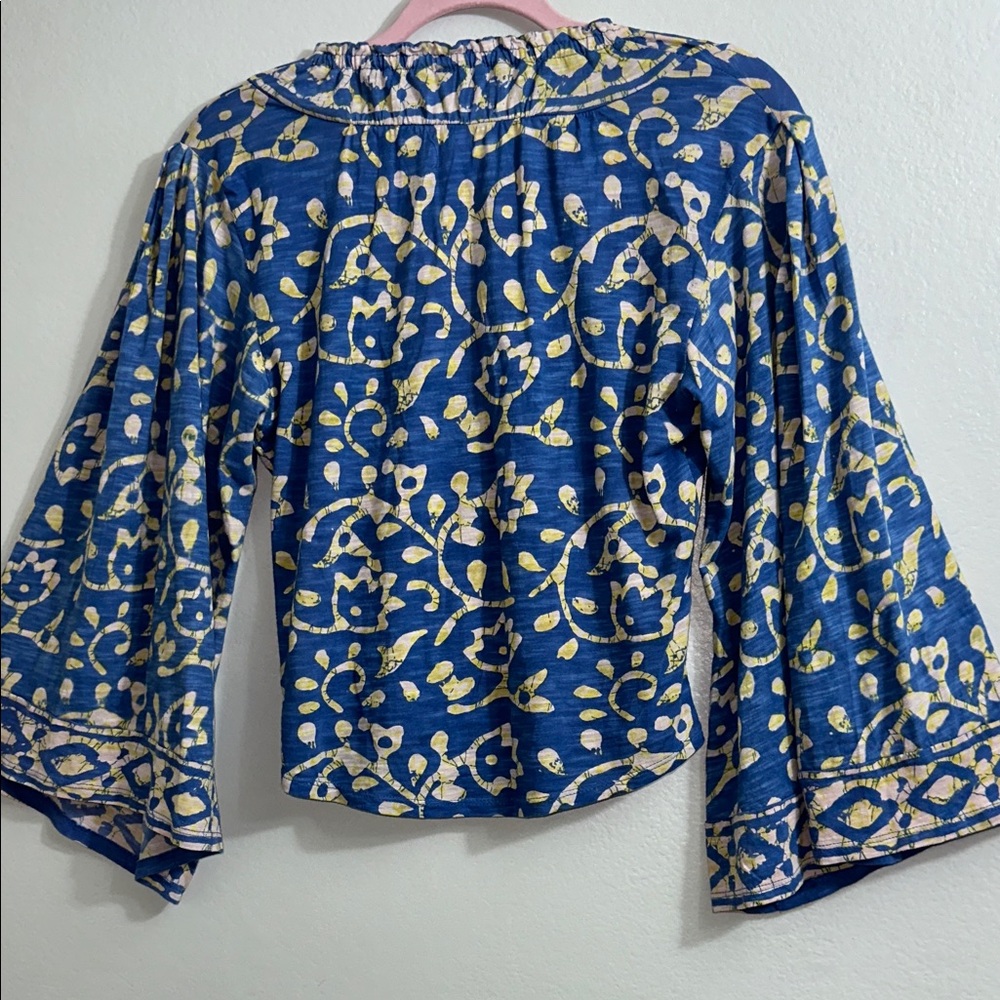 Free People-Elegant Blue and Yellow Floral Blouse